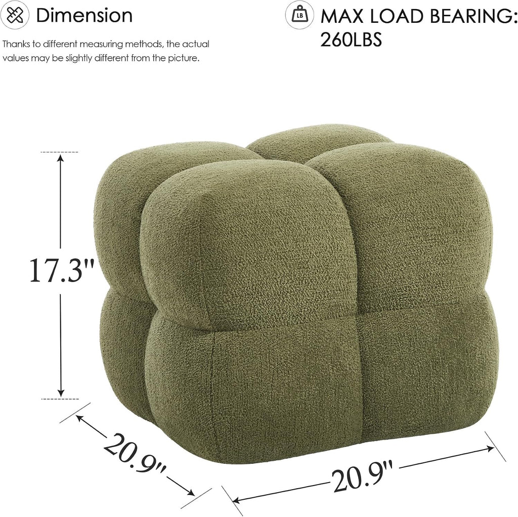 Zesthouse Square Pouf Ottomans Set of 2, Modern Vanity Chair for Bedroom | Boucle Fabric Foot Rest for Couch, Upholstered Tufted Footstool, Poofy Ottoman Seat for Living Room Dorm Fluffy Ottoman Green
