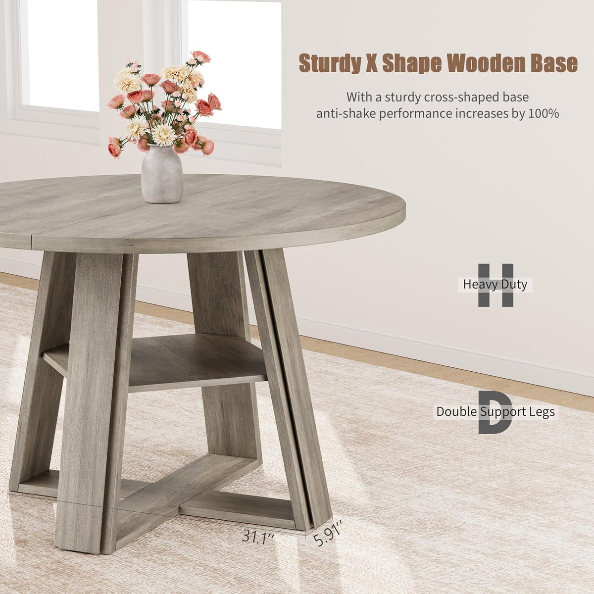GarveeHome 43.3" Round Dining Table for 2-4 People, Circle Kitchen Table with Wooden Pedestal Base and Storage Shelf for Small Space Saving for Living Room, Apartment (Table Only)