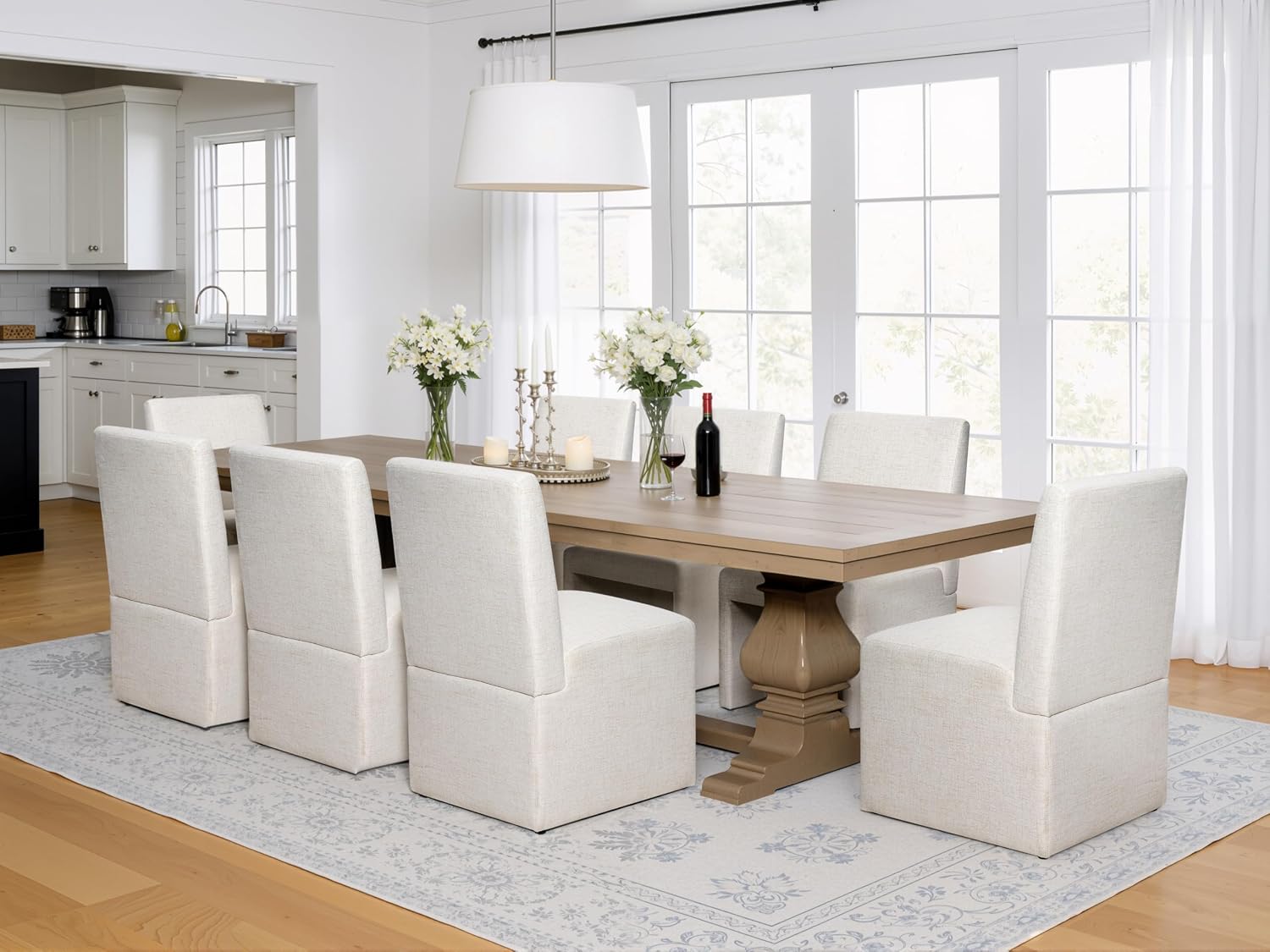 RNKSFX Beige Upholstered Dining Chairs Set of 6, Kitchen & Dining Room Chairs, Mid Century Modern Chairs, Linen Dining Chairs with Wooden Frame, Fabric