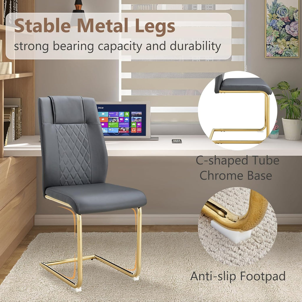 cinkehome Modern Gray Dining Chairs Set of 4 with Gold Metal Legs, High Back Upholstered Armless Side Chair for Kitchen, Dining Room, Faux Leather