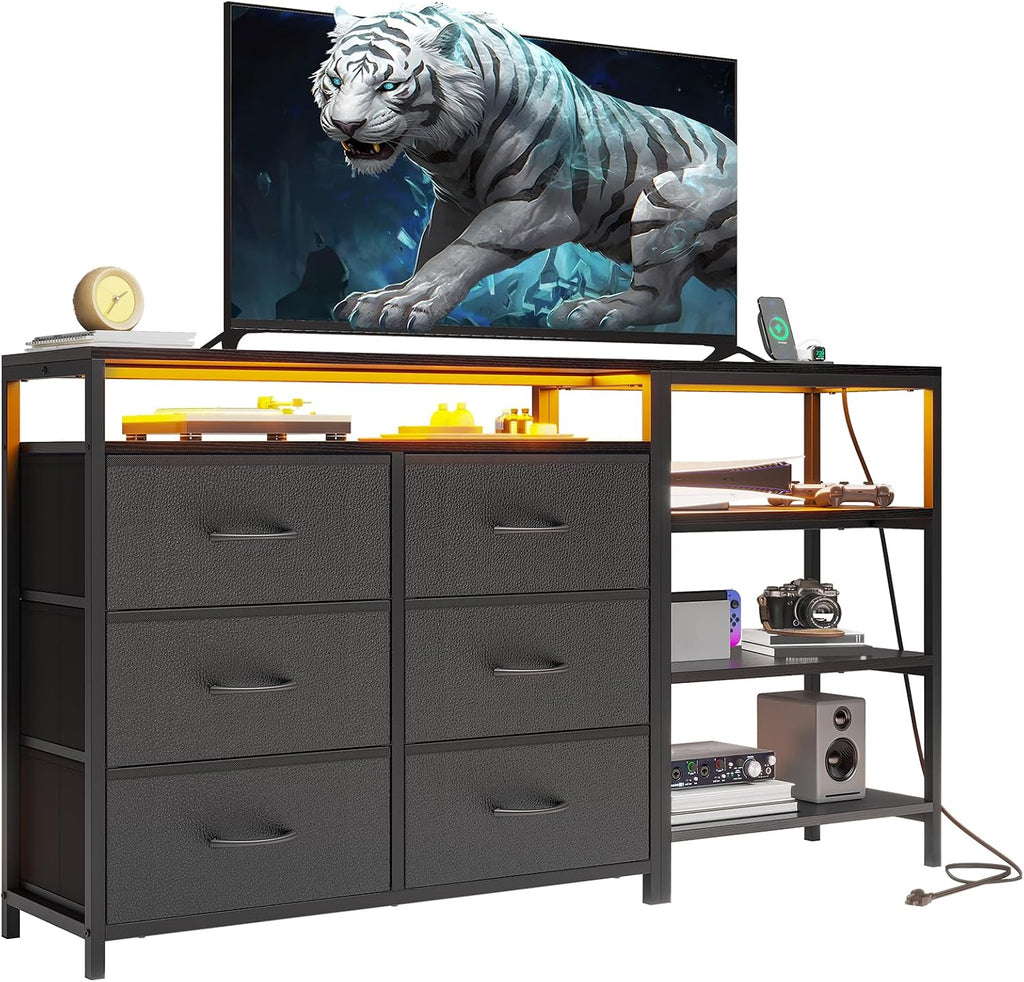HAUOMS TV Stand for 60 Inch TV,LED Entertainment Center,Black | L Shaped Convertible Dresser with with Power Outlets & Open Shelf,6 Drawers with PU Finish,for Living Room,Bedroom