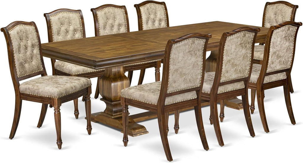 LKMA9-AWA-36 9 Pieces Dining table set includes a Rectangular Dining Table and 8 Light Beige Polyester Fabric Dining Room Chairs, Antique Walnut finish