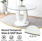 RGZ Modern 39" Clear Glass Round Dining Table Set, 5 PCS Luxury Circle Glass Top Kitchen Table with Gold Decorative Strips & 4 Beige High-end Tufted Chairs for Apartment Home Dining(White Base)