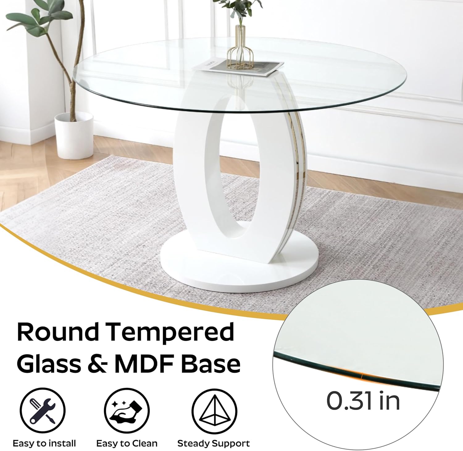 RGZ 39'' Modern Luxury Clear Glass Round Dining Table for 4-6, Glass Circle Top Kitchen Table with Elegant Gold Decorative Strips & White Base, Small Apartment Dinner Table for Home, Living Room