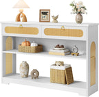 Hoctieon Rattan Console Table with 2 Drawers, 3-Tier Boho Woven Entryway Table with Back Panel and Open Storage Shelf, 40" Wood Narrow Long Sofa Tables for Hallway, Foyer, Living Room, White