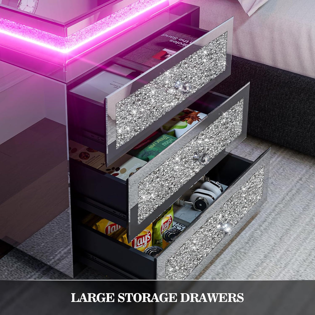 IKIFLY Mirrored Nightstand with Wireless Charging Station, Modern LED Side Table with 3 Drawers, Silver Accent End Table with Crushed Diamonds for Living Room, Bedroom and Office