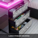 IKIFLY Mirrored Nightstand with Wireless Charging Station, Modern LED Side Table with 3 Drawers, Silver Accent End Table with Crushed Diamonds for Living Room, Bedroom and Office
