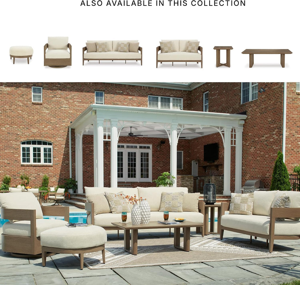 Signature Design by Ashley Serene Bay Outdoor Ottoman, Wood-Look Powder Coated Aluminum Frame, Nuvella+ Cushion for Patio, Deck or Poolside Easy-Breezy Living