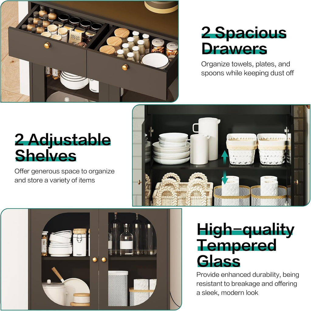 72" Black Kitchen Pantry Cabinet with Lights and Charging Station, Tall Hutch Storage Cabinet Coffee Bar Cabinet with Microwave Shelf for Dining Room