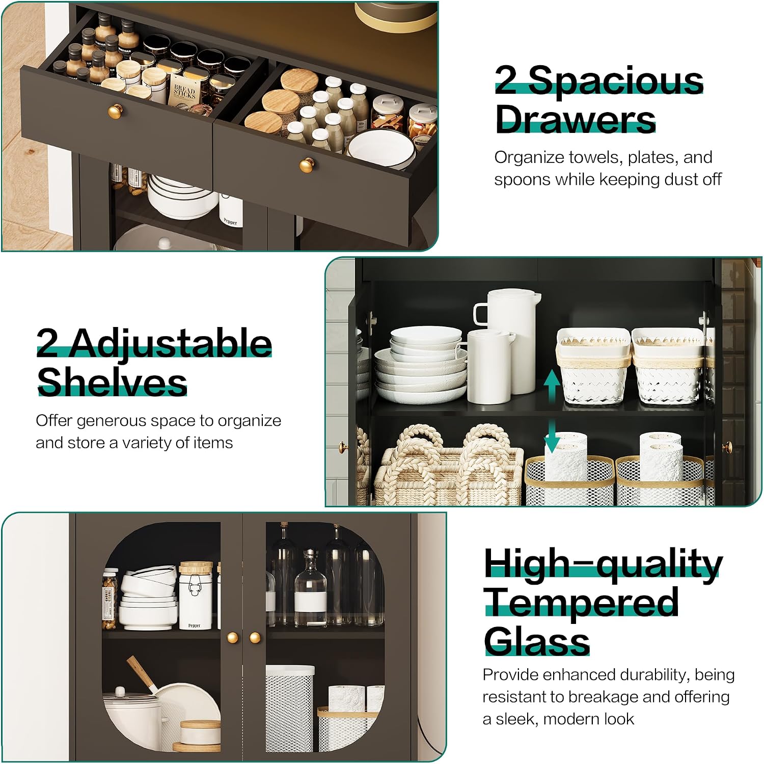 72" Black Kitchen Pantry Cabinet with Lights and Charging Station, Tall Hutch Storage Cabinet Coffee Bar Cabinet with Microwave Shelf for Dining Room