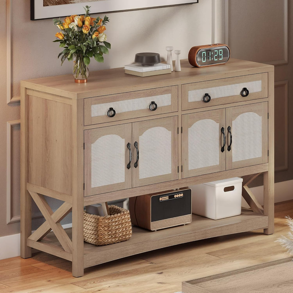 DWVO 47.2" Rattan Buffet Sideboard Cabinet with Storage, Farmhouse Coffee Bar Cabinet w/2 Drawers, 4-Doors Console Table with Adjustable Shelves for Kitchen, Dining Room, Living Room, Entryway (Oak)