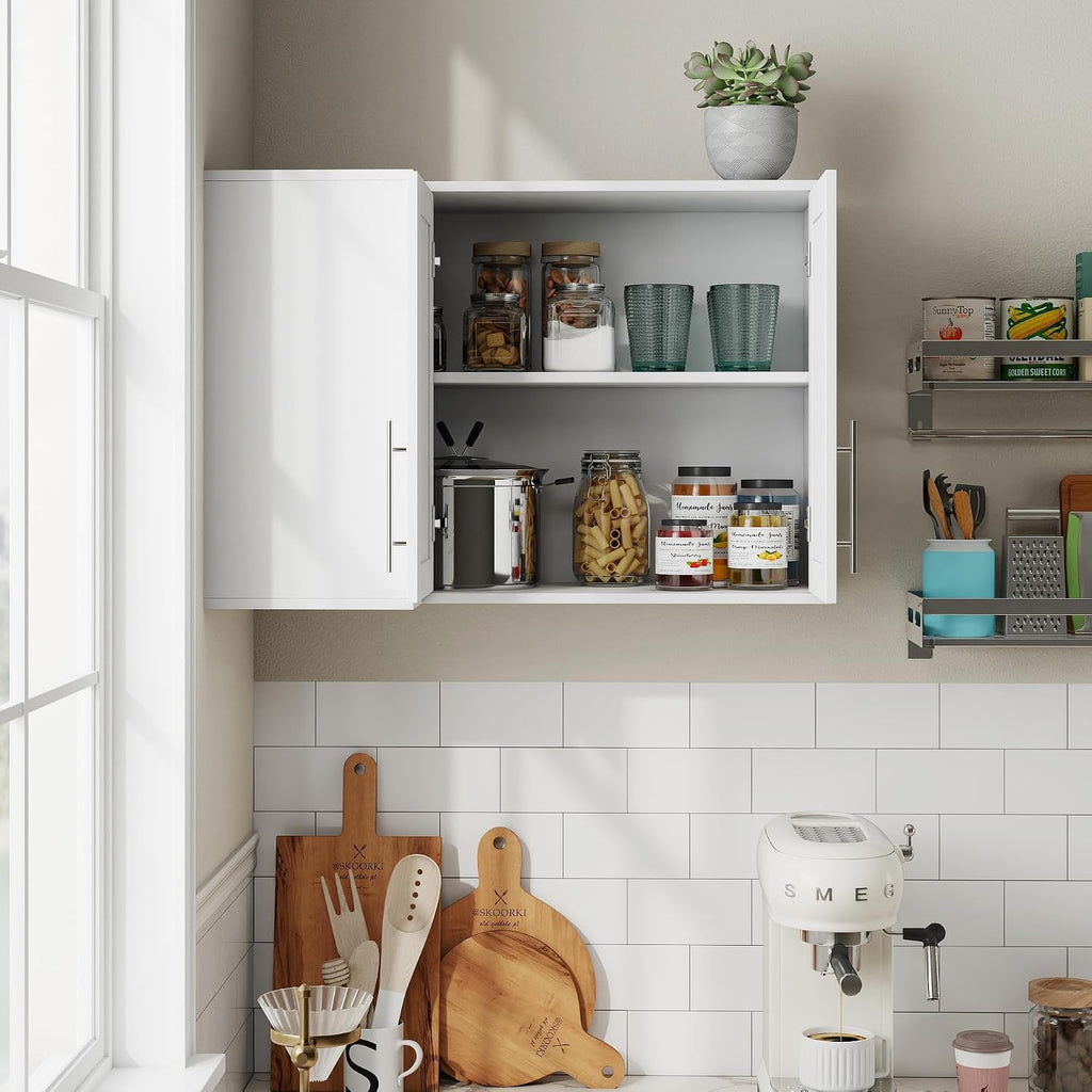 L Shape Wall Mounted Storage Cabinet, White Floating Sideboard Buffet Cabinet with 2 Doors & 3 Open Shelves, Wall Storage Organizer for Kitchen Dining Room