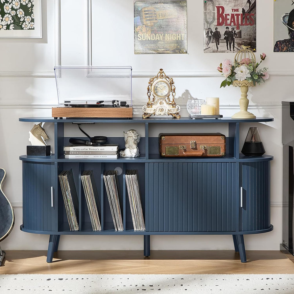 LELELINKY Extra Large Round Record Player Stand with Charging Station | Mid Century Modern Fluted Turntable Cabinet,Vinyl Storage, Arched Wood Record Player Table for Living Room,Blue