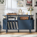 LELELINKY Extra Large Round Record Player Stand with Charging Station | Mid Century Modern Fluted Turntable Cabinet,Vinyl Storage, Arched Wood Record Player Table for Living Room,Blue