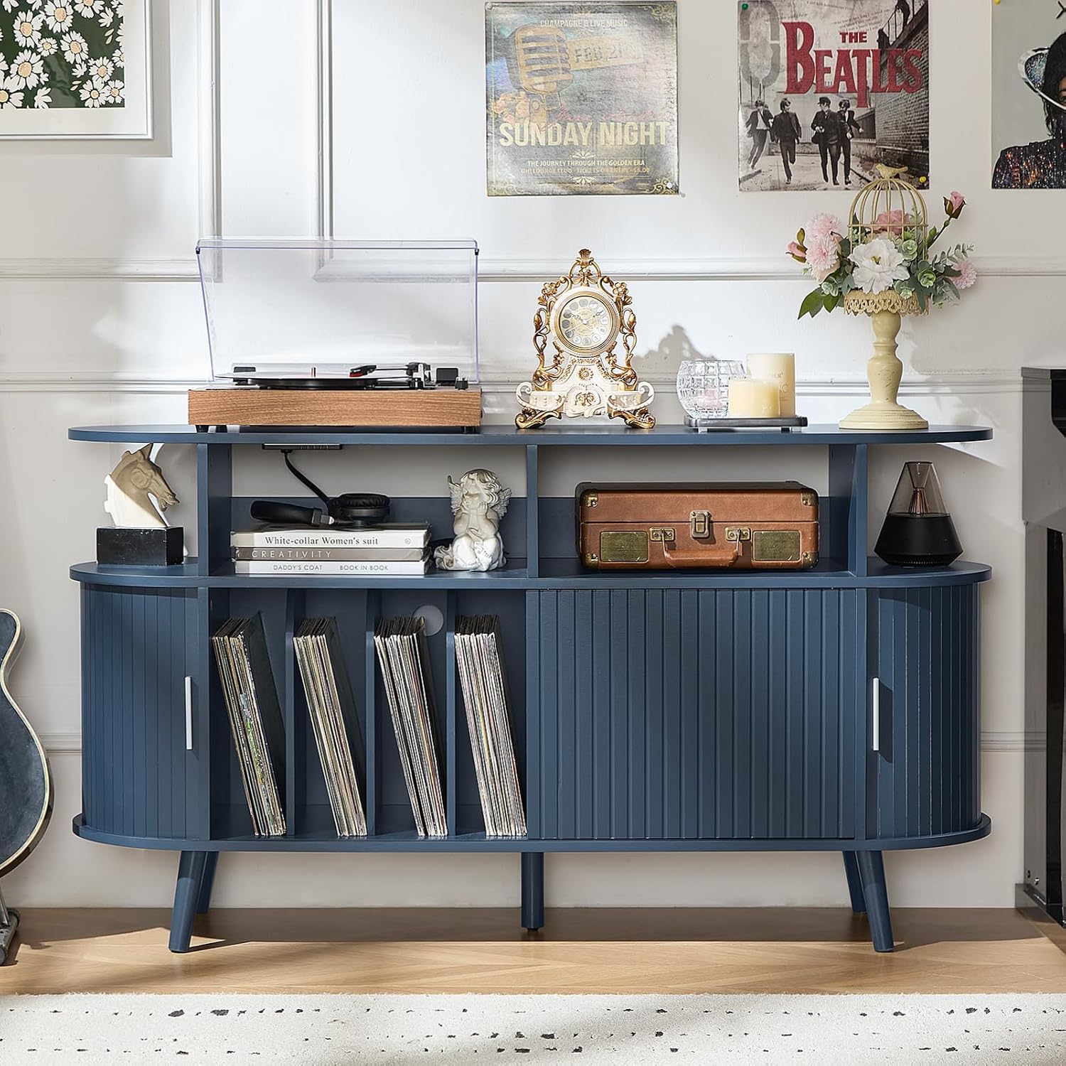 LELELINKY Extra Large Round Record Player Stand with Charging Station | Mid Century Modern Fluted Turntable Cabinet,Vinyl Storage, Arched Wood Record Player Table for Living Room,Blue