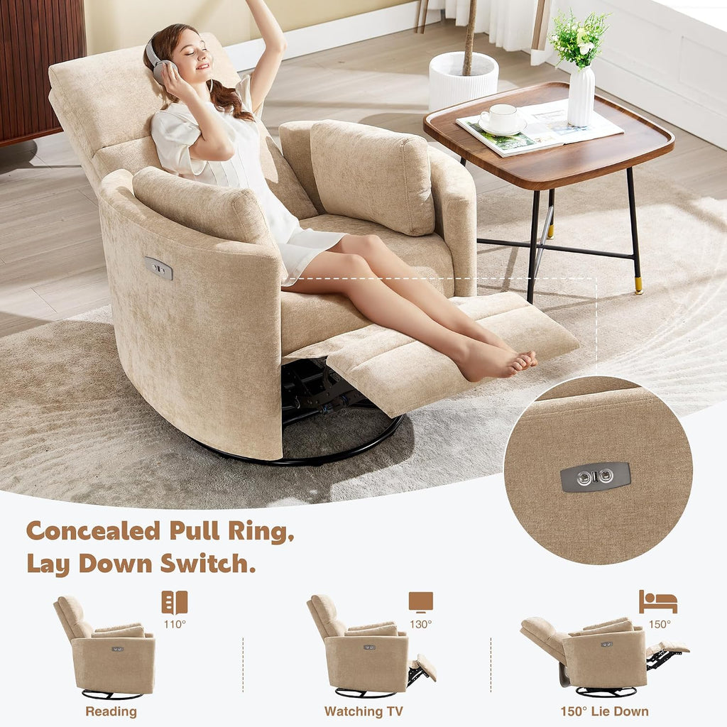 Power Recliner,Nursery Swivel Glider Rocking Chair with USB Port,Upholstered Adult Electric Recliner Rocking Chair with 2 Pillows for Living Room Bedroom (Khaki, Power-Driven)