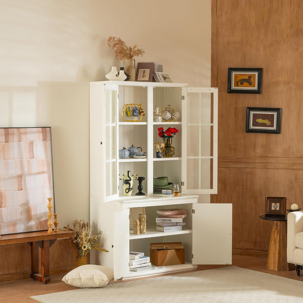roomfitters 75.25'' Pantry Cabinet with Glass Door, Farmhouse Hutch Display Cabinet with Storage for Kitchen and Living Room, White