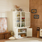 roomfitters 75.25'' Pantry Cabinet with Glass Door, Farmhouse Hutch Display Cabinet with Storage for Kitchen and Living Room, White