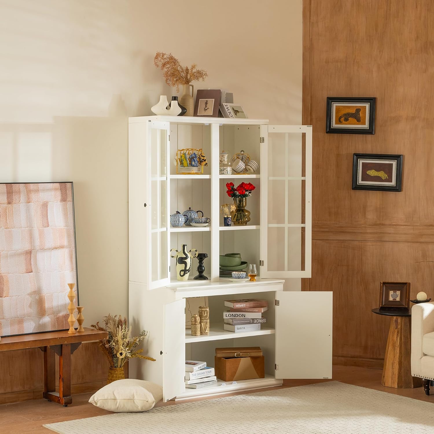 roomfitters 75.25'' Pantry Cabinet with Glass Door, Farmhouse Hutch Display Cabinet with Storage for Kitchen and Living Room, White