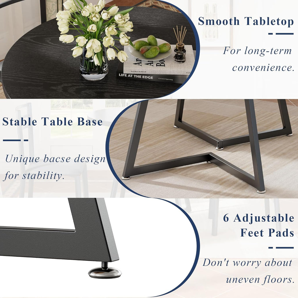 VECELO Round Dining Room Table with Wood Grain Tabletop and Steel Frame, for Kitchen, Living Room, Office, Conference, 2 to 4 Person, Black