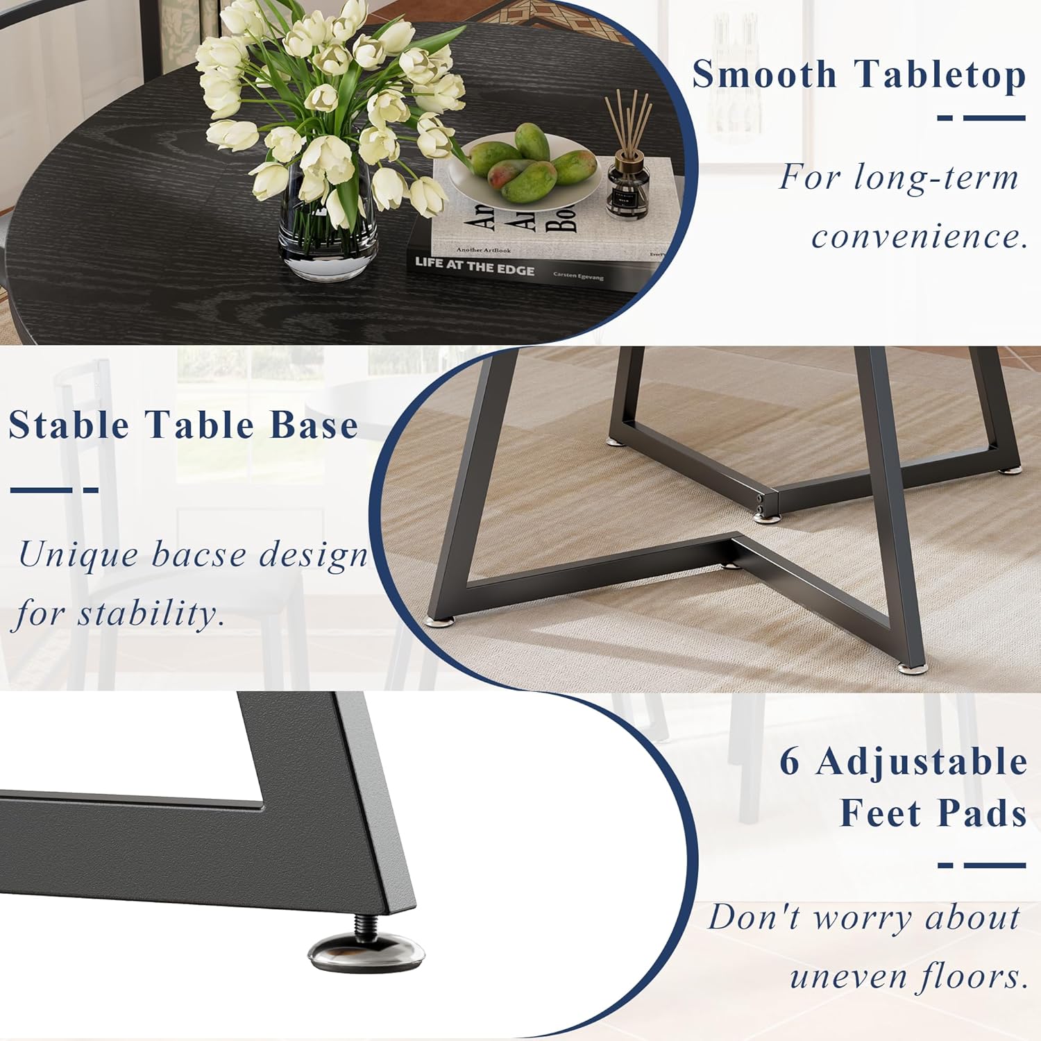 VECELO Round Dining Room Table with Wood Grain Tabletop and Steel Frame, for Kitchen, Living Room, Office, Conference, 2 to 4 Person, Black