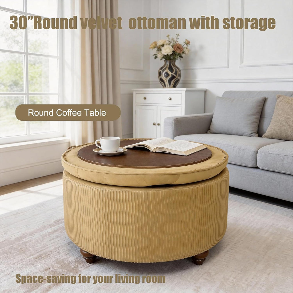 modscape 30" Velvet Round Storage Ottoman Coffee Table with Lift-Off Lid | Modern upholstered ottoman works as coffee table, footrest and extra seat. Large hidden storage for living room, bedroom.