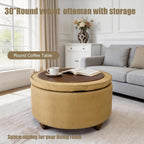 modscape 30" Velvet Round Storage Ottoman Coffee Table with Lift-Off Lid | Modern upholstered ottoman works as coffee table, footrest and extra seat. Large hidden storage for living room, bedroom.