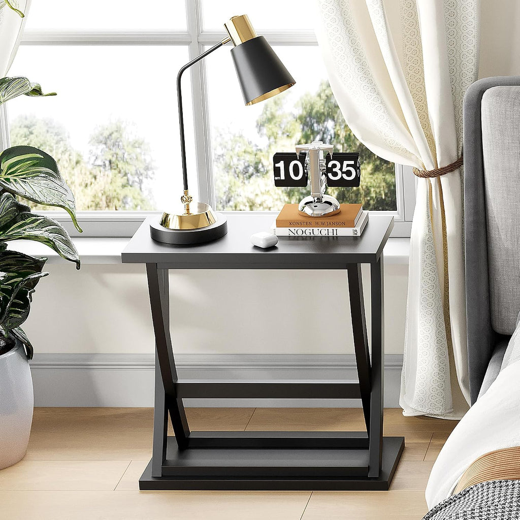 ChooChoo Black End Table, Narrow Side Table with Storage Shelf, Modern X-Design Slim Bedside Tables for Living Room, Bedroom, Small Spaces