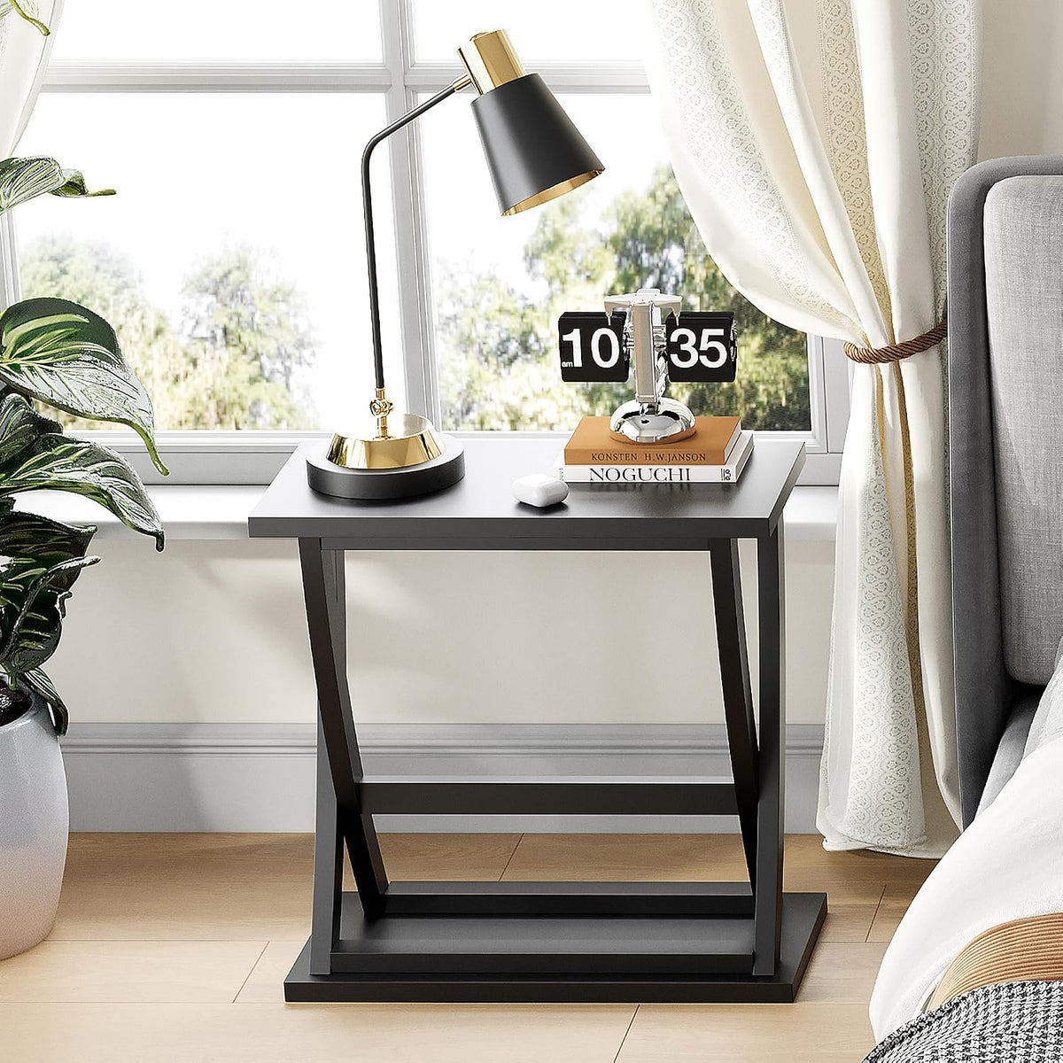 ChooChoo Black End Table, Narrow Side Table with Storage Shelf, Modern X-Design Slim Bedside Tables for Living Room, Bedroom, Small Spaces