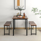 Tangkula 3-Piece Dining Table Set with Bench, Rectangular Kitchen Table with 2 Benches, Metal Frame, Space-Saving Furniture, Modern 4-Person Dinette for Kitchen, Dining Room (Rustic Brown)