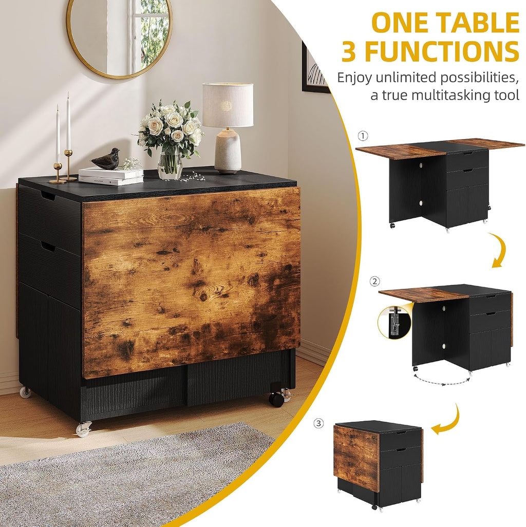 DWVO 7-Piece Extendable Dining Table Set with 6 Chairs, Rustic Brown | Drop leaf extendable table, 2 storage drawers, wheels, seats 6, space-saving for small spaces, easy assembly