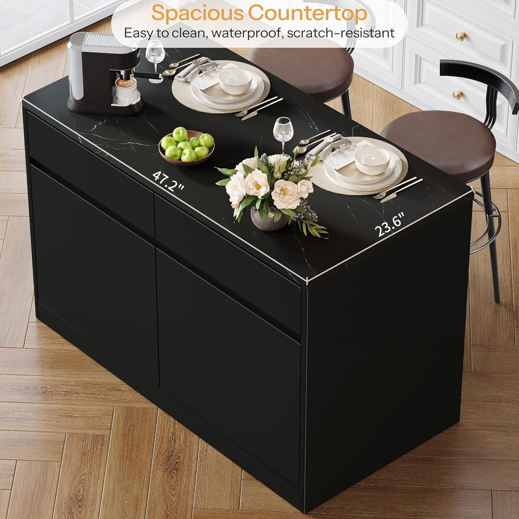 DynJest Kitchen Island with Storage, 47.2" Large Faux Marble Countertop Kitchen Island with 2 Drawers and Adjustable Shelves, Coffee Bar Station, Beveled Edge Door Cabinet, Black Tabletop + Black