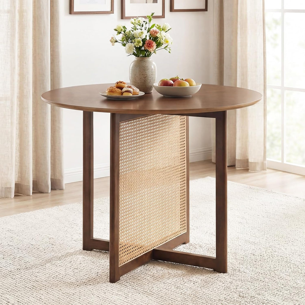 Giantex 37.5" Round Dining Table for 2-4, Farmhouse Kitchen Table with Solid Rubberwood Pedestal & Rattan Base, Modern Small Circle Dinner Table for Dinette Living Room
