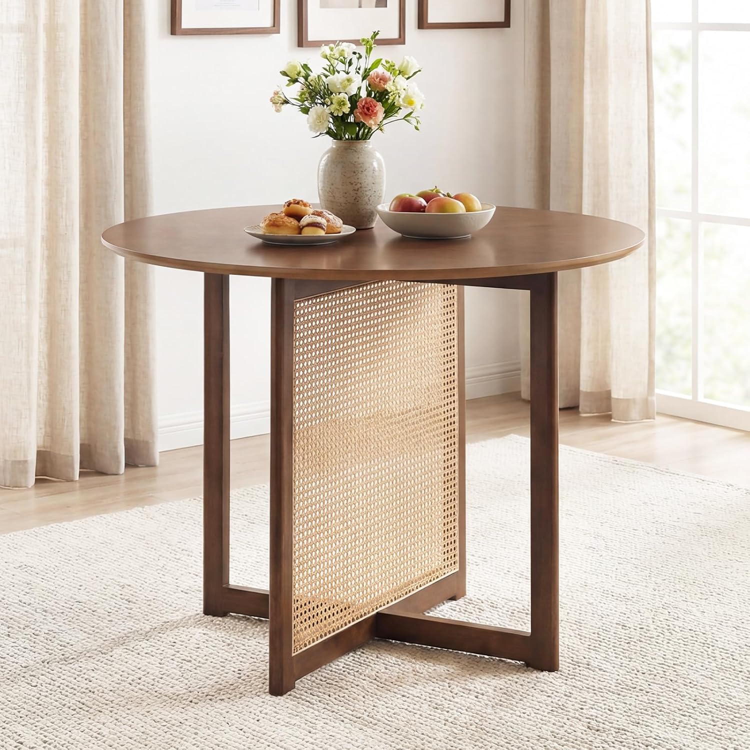 Giantex 37.5" Round Dining Table for 2-4, Farmhouse Kitchen Table with Solid Rubberwood Pedestal & Rattan Base, Modern Small Circle Dinner Table for Dinette Living Room