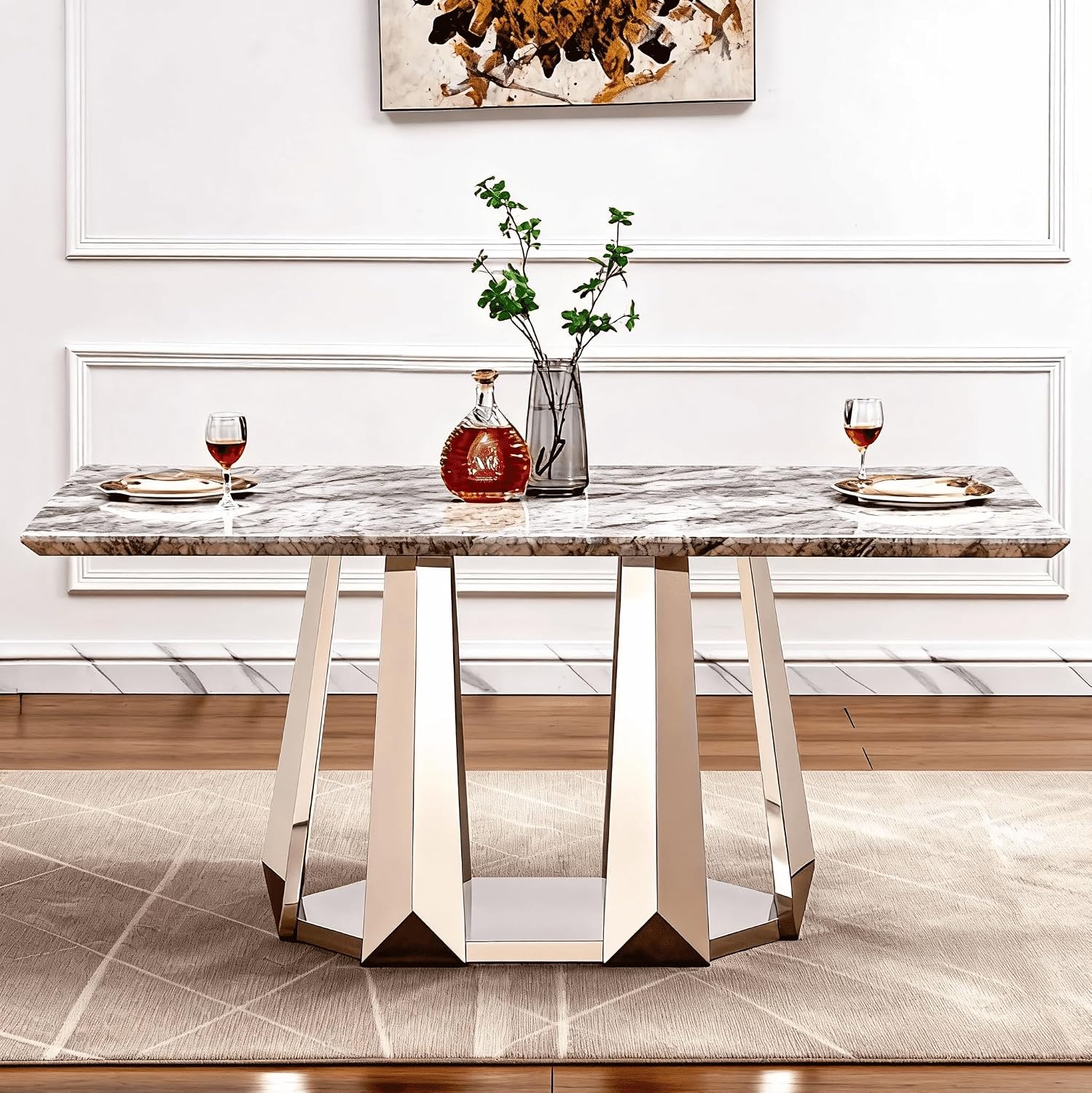70" Rectangle Faux Marble Luxury Grey Dining Table for 6-8 People, Modern Large Kitchen Table with Silver Mirrored Stainless Steel Leg Base, Dining Table for Dining/Living Room, Office (One Table)