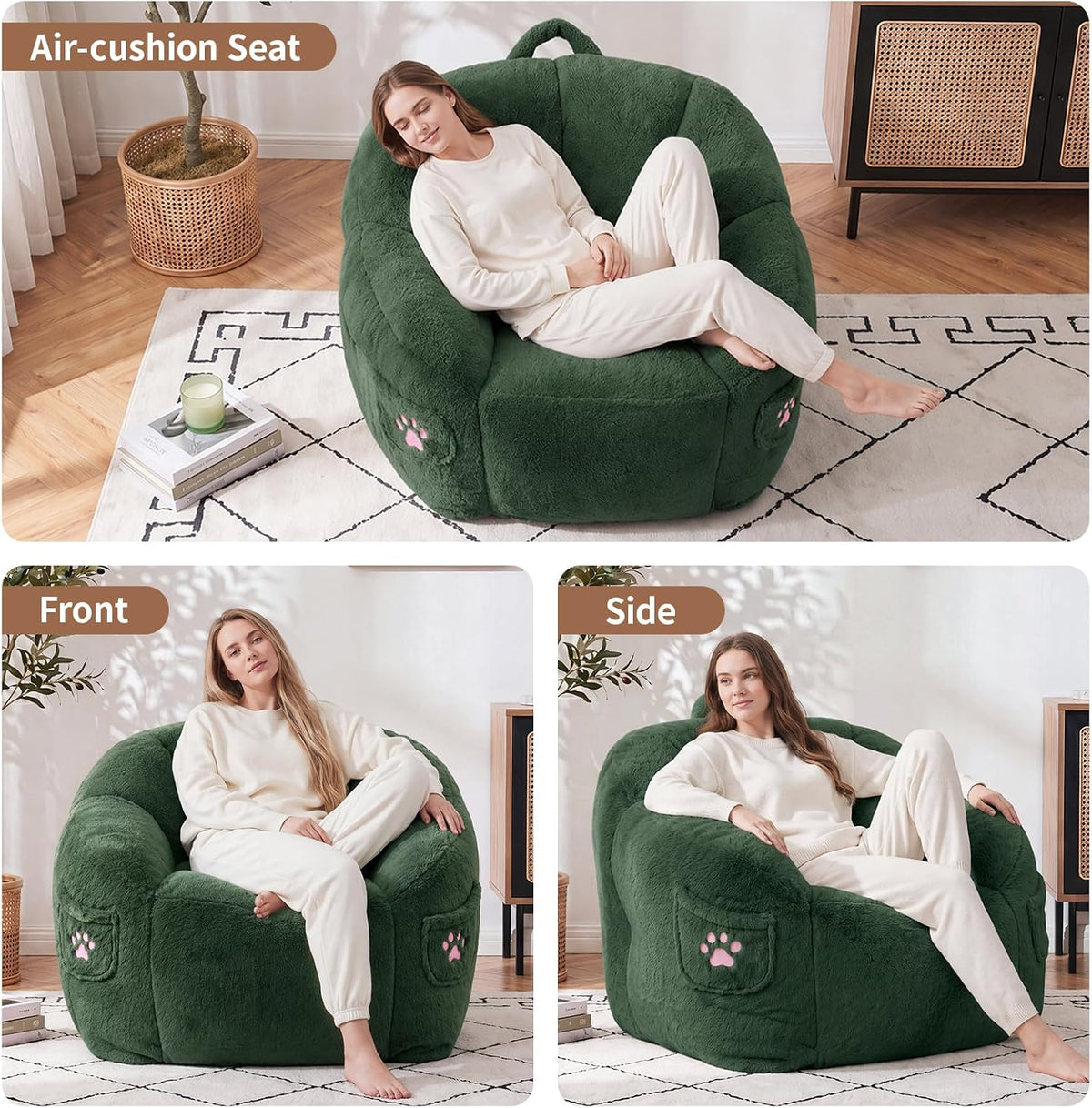 Vipbear Cat Paw Bean Bag Chair, Oversized Air-Cushion Sofa Chair Green | 39", air-cushion filling, cat paw Pocket, carry handle, oversized firm support, ergonomic, plush faux fur, gaming, reading