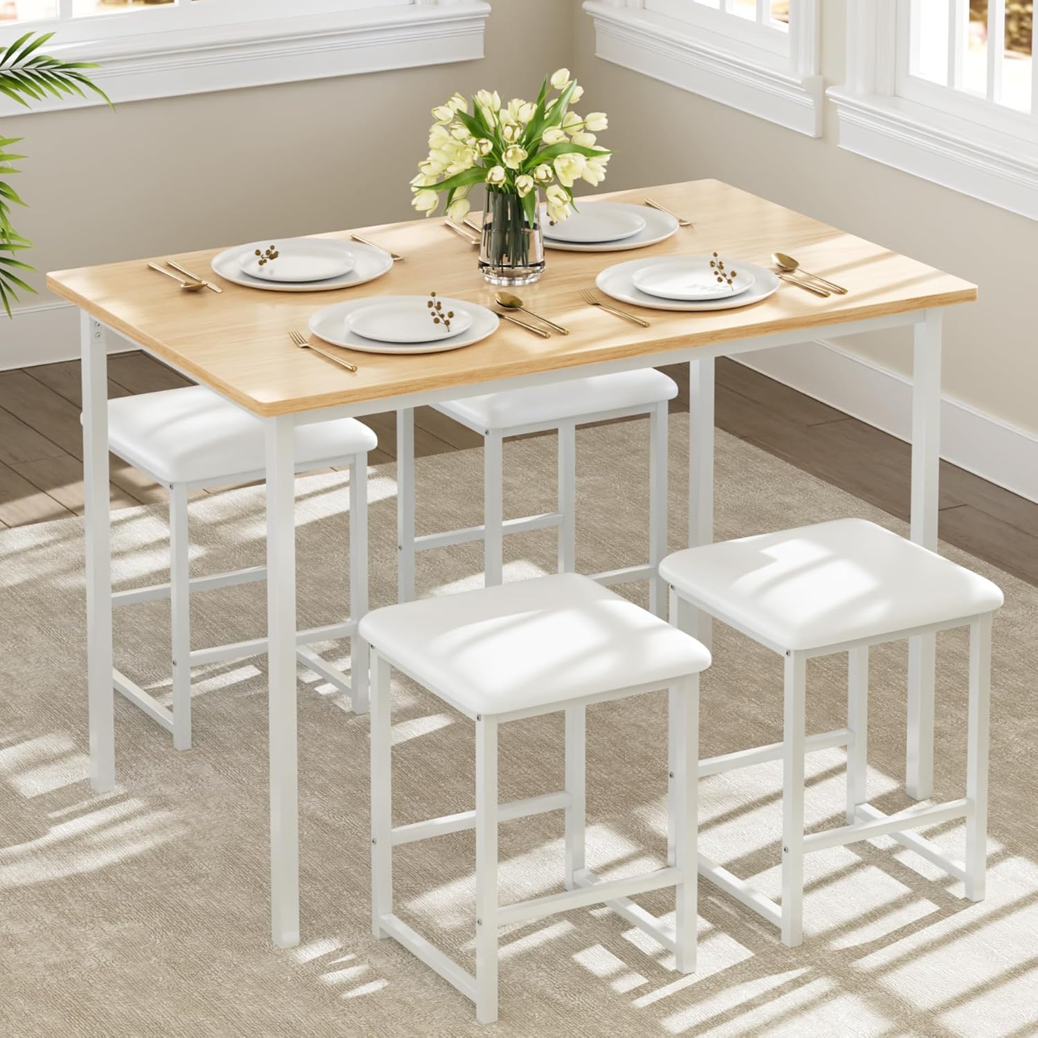 VECELO Dining Table and Faux Leather Chairs Set for 4, Oak | Kitchen table and chairs set for 4, Faux leather stools, Wood tabletop, Sturdy metal frame, Space-saving, Easy assembly