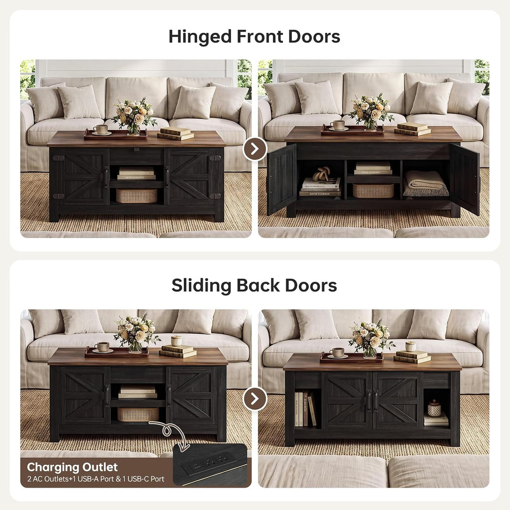 Farmhouse Living Room Table Sets of 2, 70 inch, Black | Includes 70 inch TV Stand, Lift Top Coffee Table with Charging Station, Modern Living Room Table Set