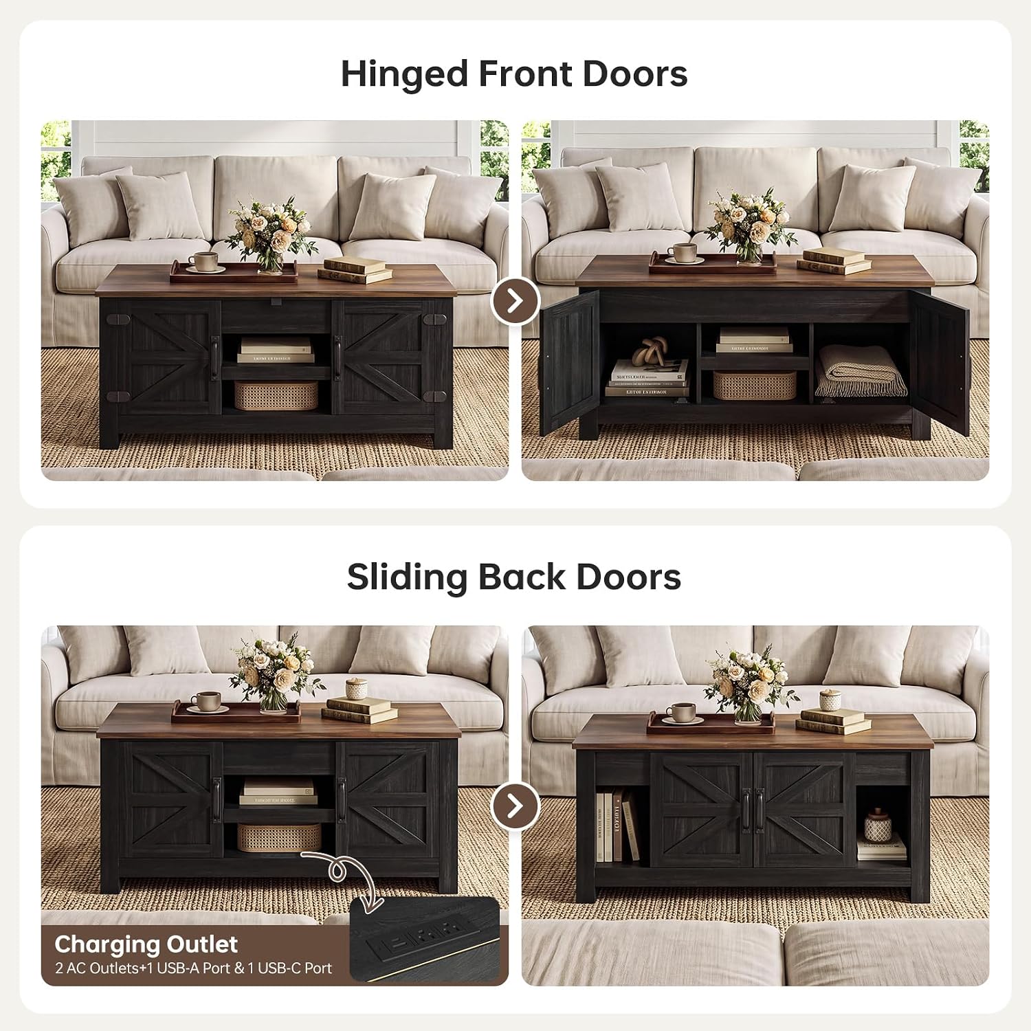 Farmhouse Living Room Table Sets of 2, 70 inch, Black | Includes 70 inch TV Stand, Lift Top Coffee Table with Charging Station, Modern Living Room Table Set
