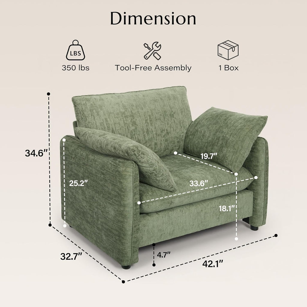 Elegant Oversized Accent Chair for Living Room, 42.1", Chenille, Green | Modern Upholstered Piping Single Reading Armchair with Cushion Backrest and 2 Pillows for Bedroom, Office, Reception Area