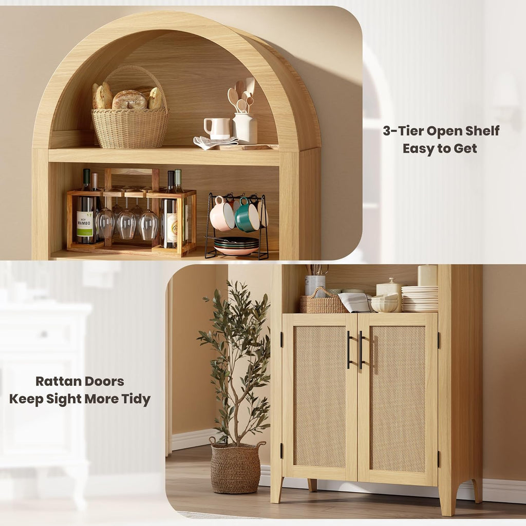 Garvee Arched Kitchen Pantry Storage Cabinet - 5-Tier Open Display Shelf with Rattan Decor, Farmhouse Storage Cabinet for Kitchen, Dining Room, Living Room, Natural