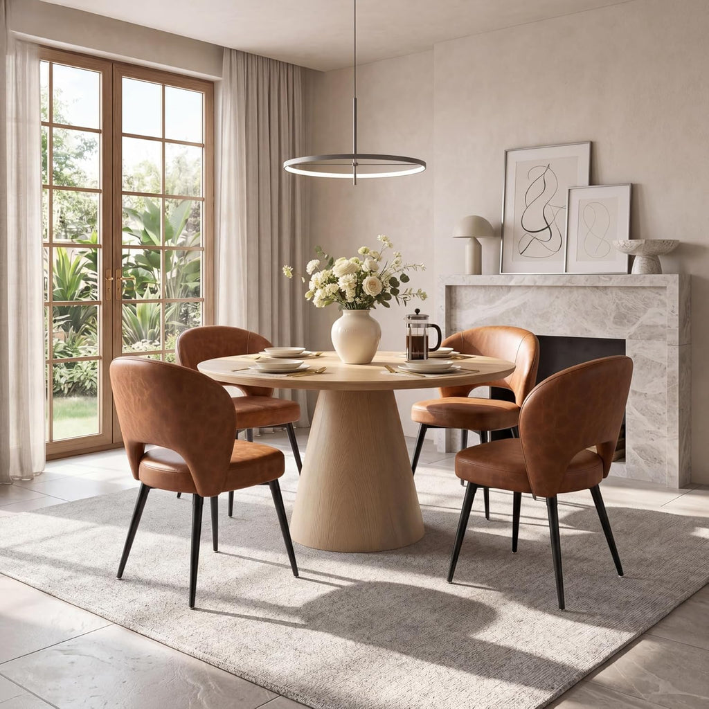 Homkdom Dining Chairs Set of 4, Modern Upholstered Kitchen Chairs with Curved Open Back, Black Metal Legs & Swiveling, Adjustable Feets, 10-Min Assembly, Caramel Brown