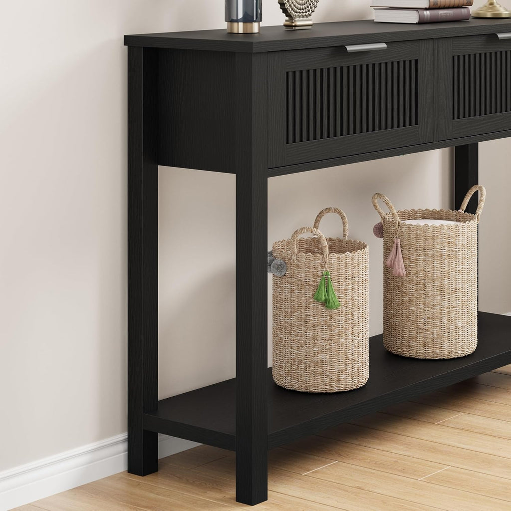 GAOMON Farmhouse Entryway Table with 2 Drawers, 43 Inch Wood Fluted Console Table with Shelf, 2 Tier Sofa Table with Storage for Living Room, Foyer Tables for Entryway-Black