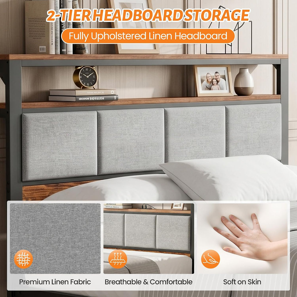 Queen Bed Frame with 2 Storage Drawers & Charging Station, Headboard, Grey