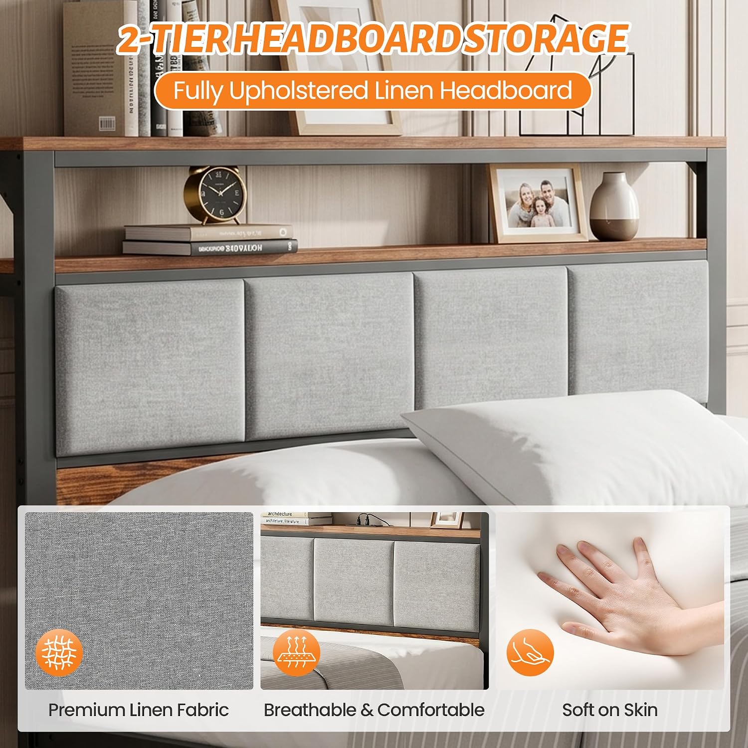 Queen Bed Frame with 2 Storage Drawers & Charging Station, Headboard, Grey