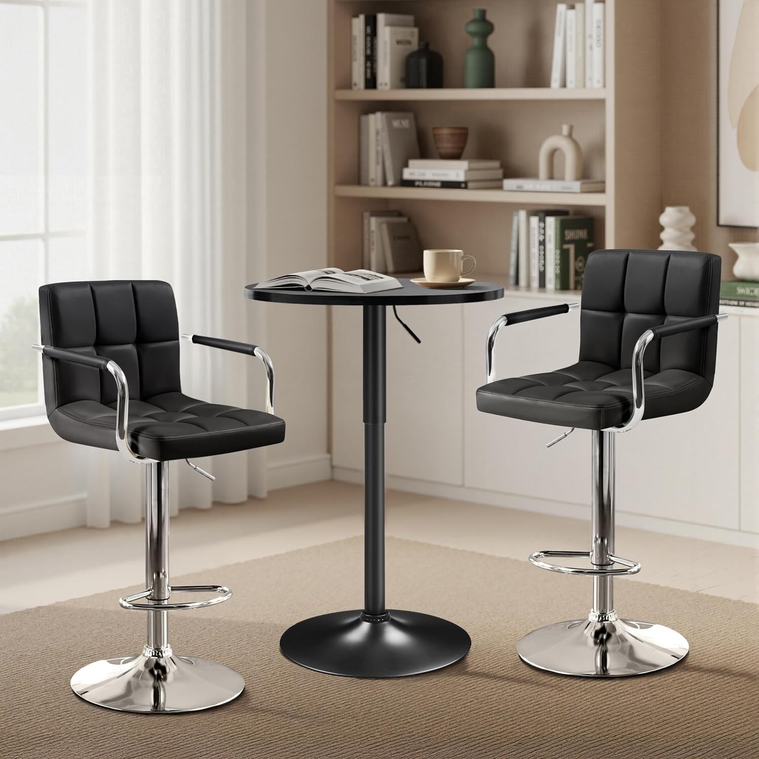 Yaheetech 3-Piece Bar Table and Stools, PU Leather Full Black | Round Pub Table and Chairs Set with MDF Tabletop and Stainless Steel Stand，Adjustable 360° Swivel for Kitchen Study