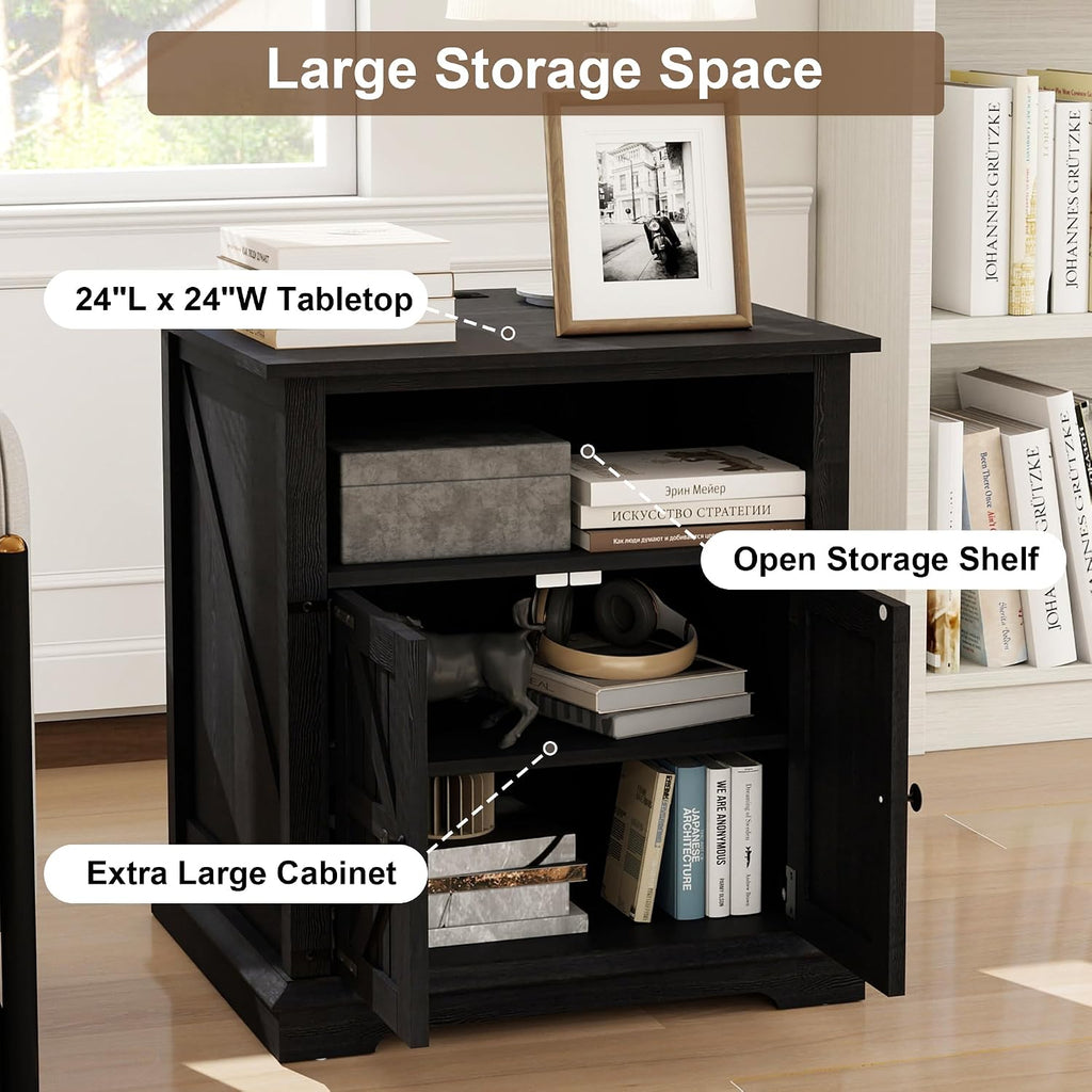 MUUEGM End Table with Charging Station, 24 Inch Farmhouse Sofa Side Tables Living Room, Wood Rustic Nightstand Large Bedside Table with Barn Door for Bedroom, Black