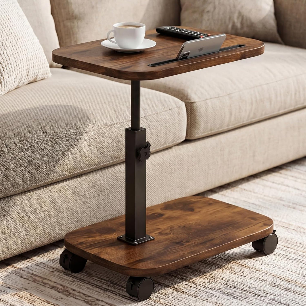 Adjustable TV Tray Side Table 360°Swivel Rolling, Rustic Brown | Adjustable Height, C Shaped, Snack End Table, Wheels, Tablet Slot, Slide Under Sofa, For Small Spaces Living Room Couch Bed
