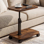 Adjustable TV Tray Side Table 360°Swivel Rolling, Rustic Brown | Adjustable Height, C Shaped, Snack End Table, Wheels, Tablet Slot, Slide Under Sofa, For Small Spaces Living Room Couch Bed