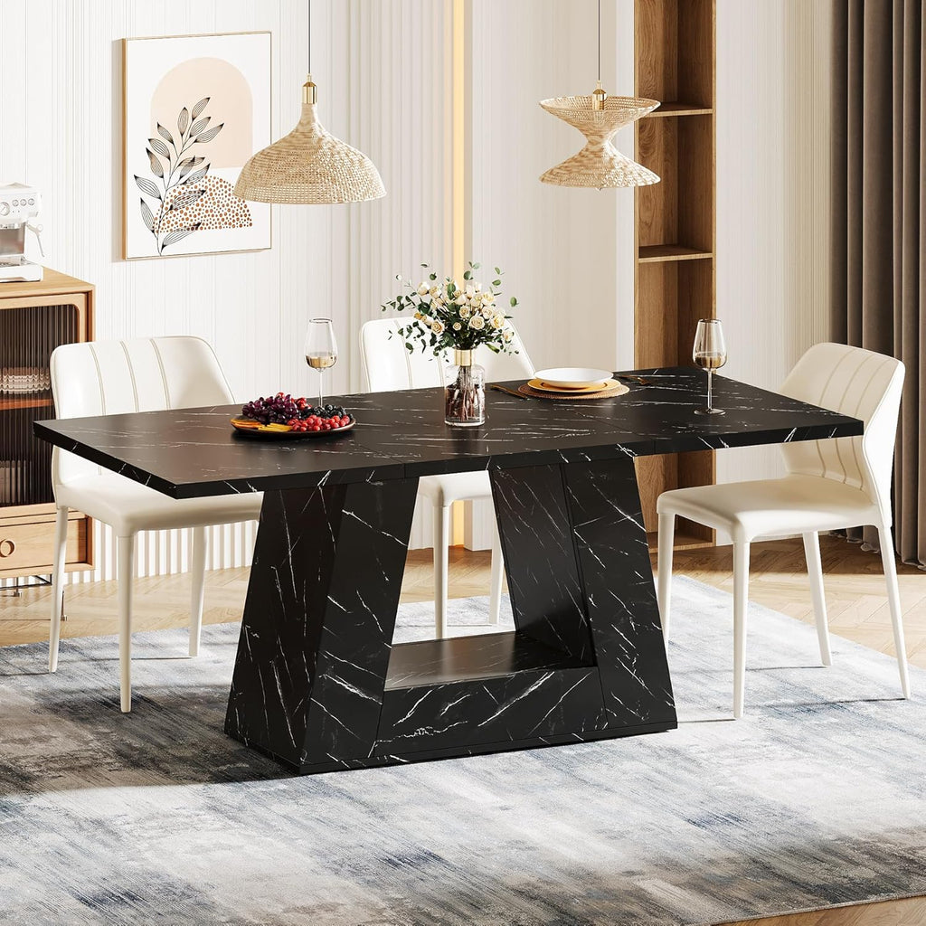 Tribesigns Dining Table for 4 to 6 People, 63" Rectangular Dining Room Table, Modern Wooden Faux Marble Dinner Table with Sturdy Base for Kitchen, Living Room, Black